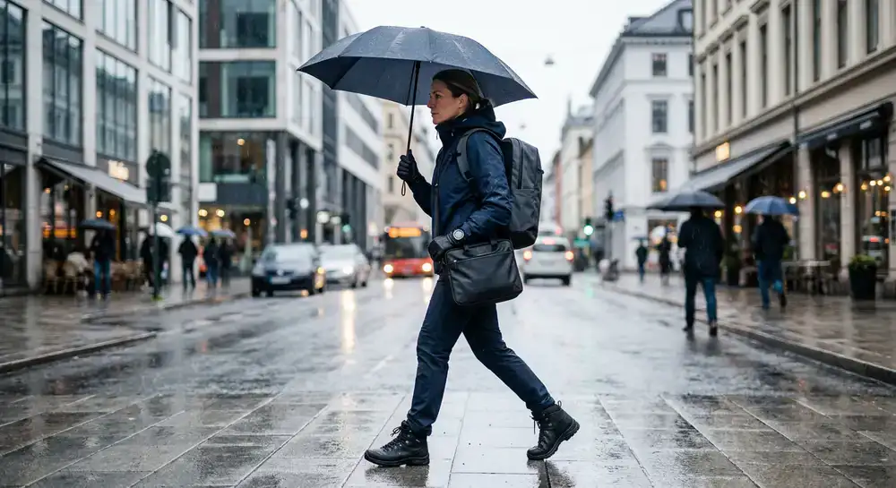 Pendler mit wasserdichtem Zubehör bei leichtem Regen in der Stadt