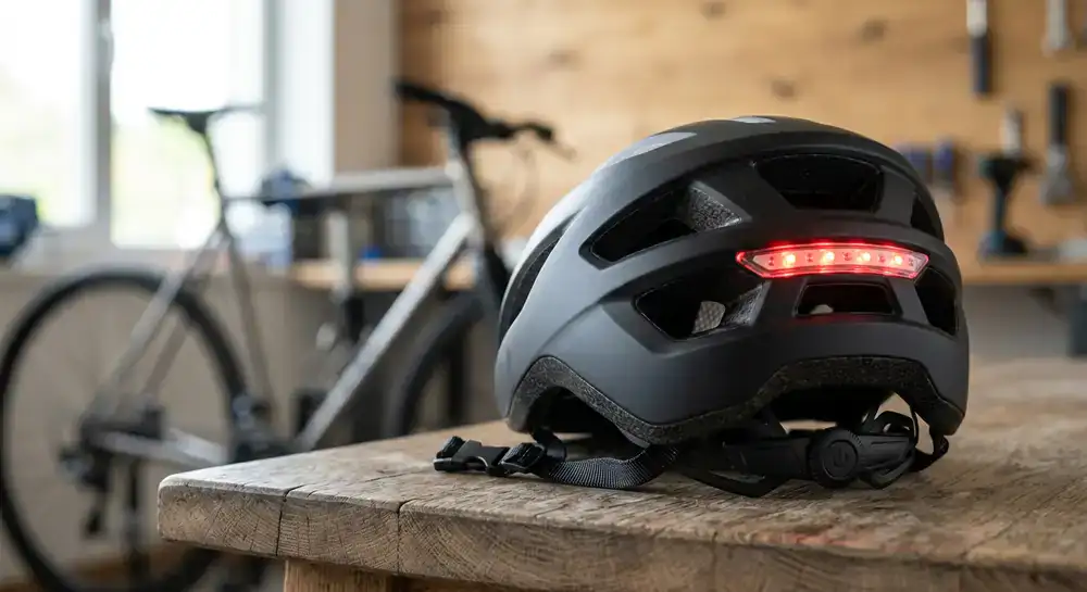 Detailaufnahme eines Premium-Fahrradhelms mit integriertem Licht