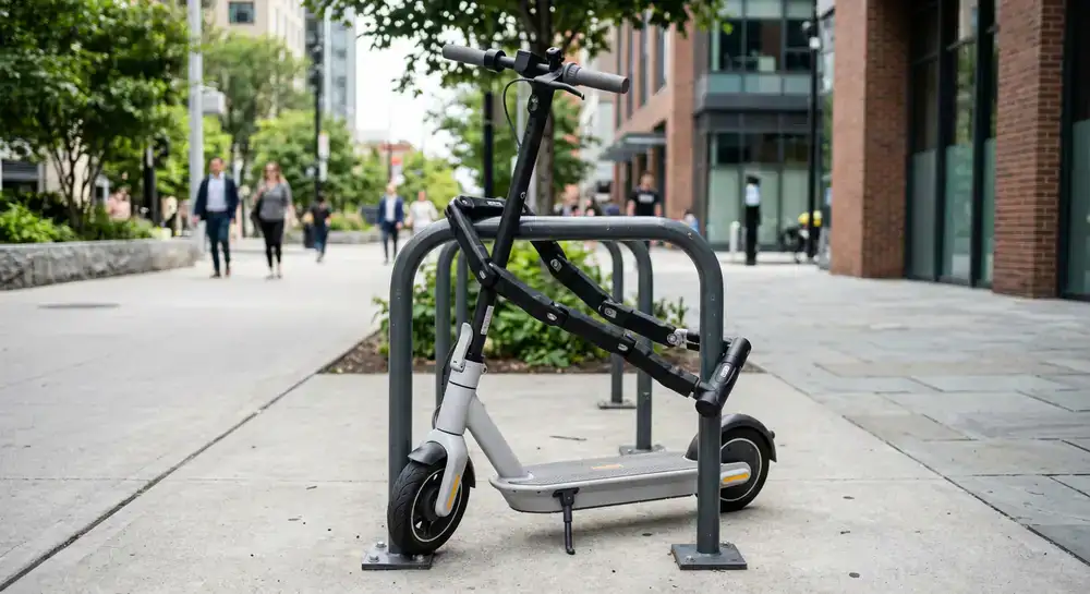 Massives Faltschloss sichert E-Scooter an Fahrradständer