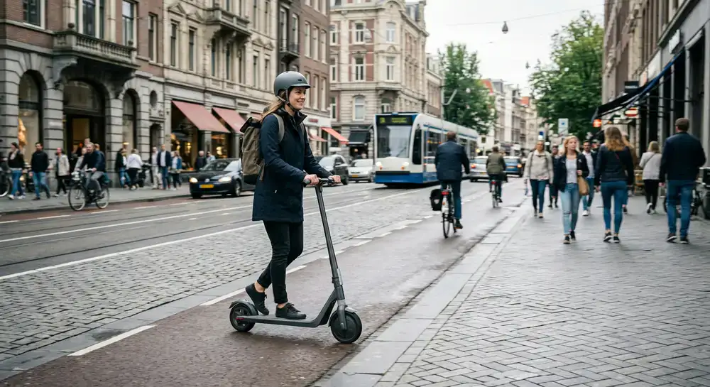 Moderner E-Scooter Fahrer in einer belebten europäischen Stadt