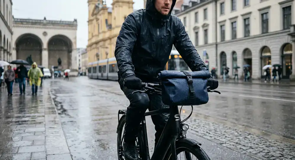 Wasserdichte Lenkertasche bei Regen in München