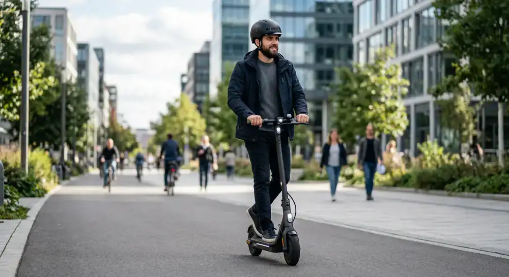 Fahrer mit schwarzem Smart-Helm auf E-Scooter