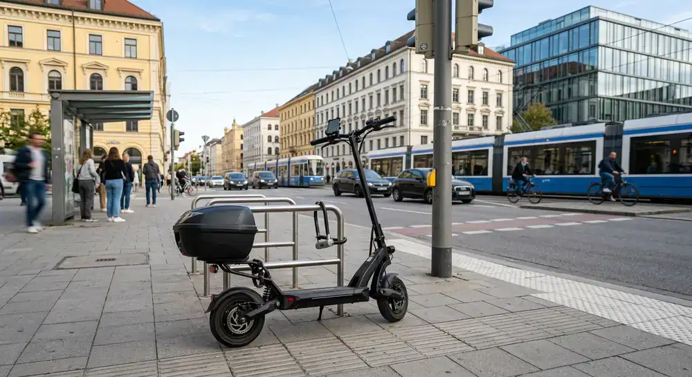 E-Scooter mit Premium-Zubehör an einer modernen Münchner Kreuzung