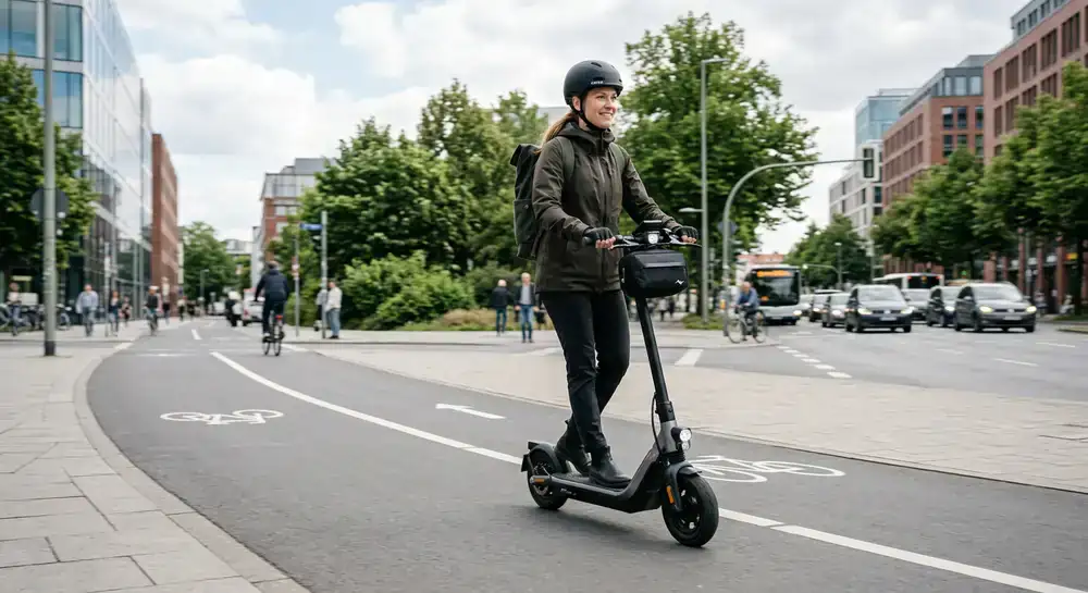 Fahrer auf einem modernen E-Scooter mit Premium-Zubehör auf einem städtischen Radweg