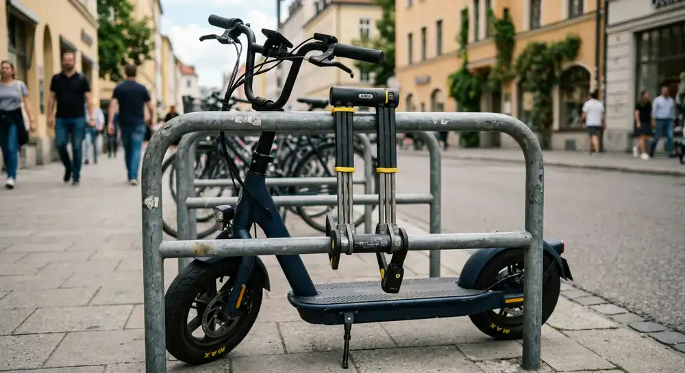 Detailaufnahme eines robusten E-Scooter Schlosses an einem Fahrradständer in München