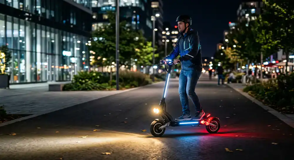 E-Scooter mit heller Beleuchtung bei Nacht